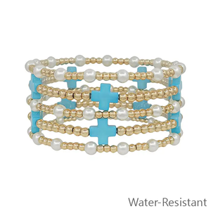 Water Resistant Gold Textured, Pearl and Turquoise Cross Set of 5 Bracelets