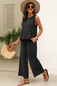 Ribbed Ruffle Tank Top and Pants Set