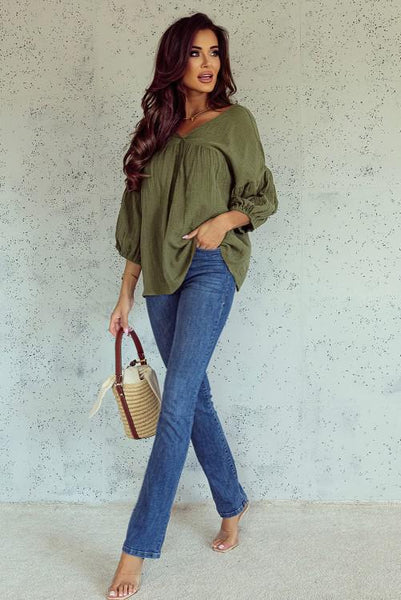 V Neck Textured Babydoll TOp