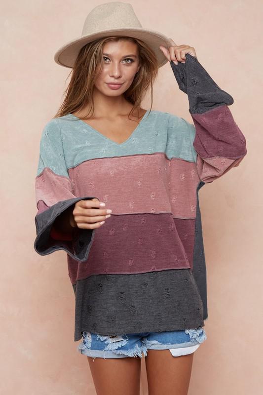 Distressed French Knit Top with Out Stitching