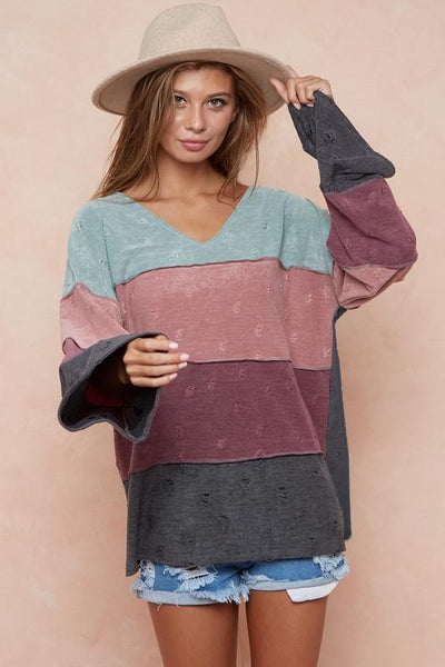 Distressed French Knit Top with Out Stitching