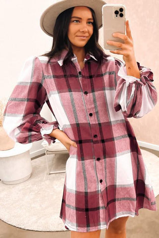 Plaid Pattern Collared Neck Shirt Dress