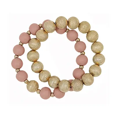 Gold Textured Bead and Pink Wood Set of 2 Stretch Bracelets