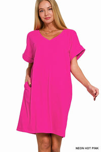 Rolled Sleeve V Neck Dress