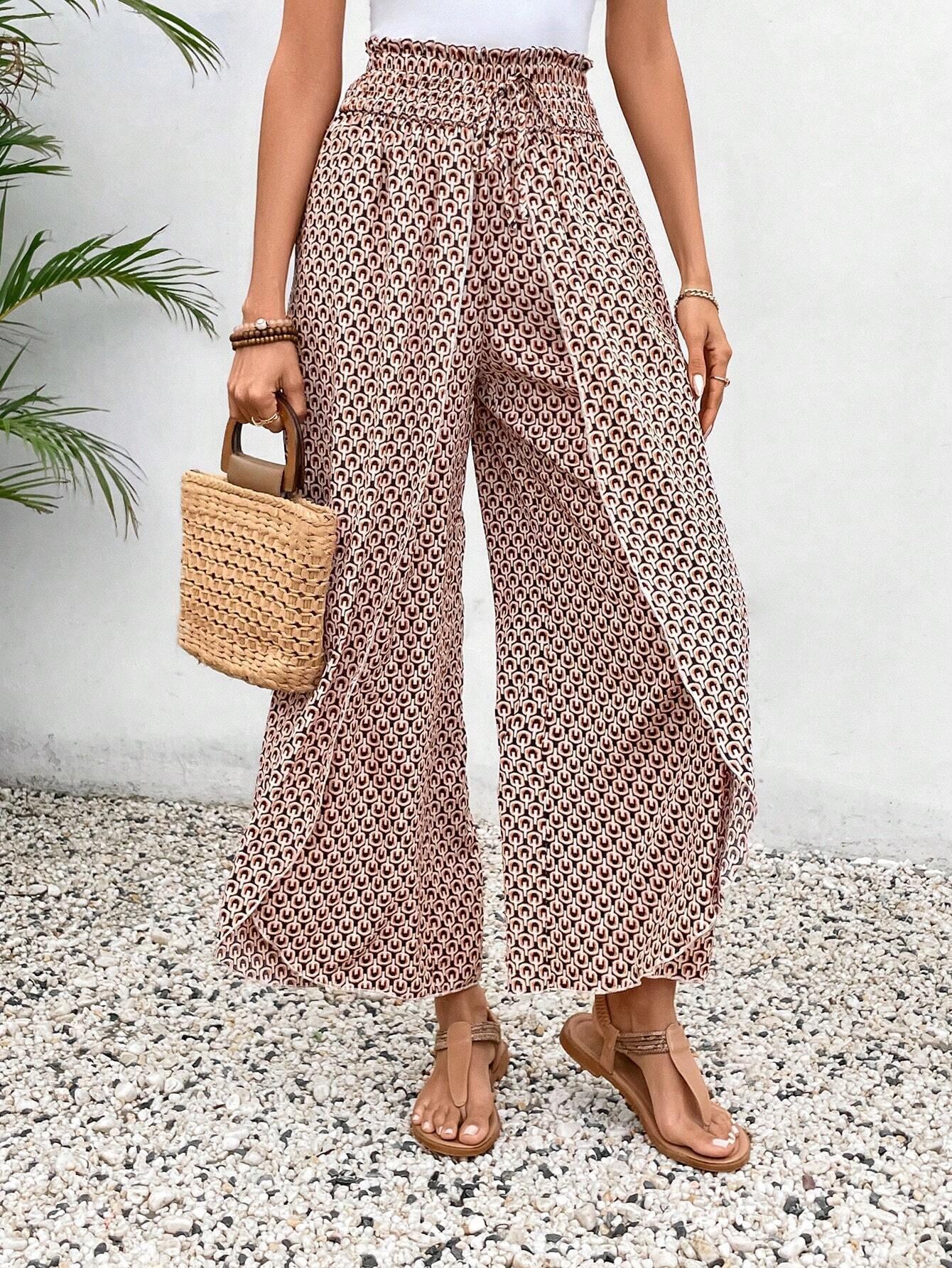 Bohemian Print Slit Wide Leg Pants