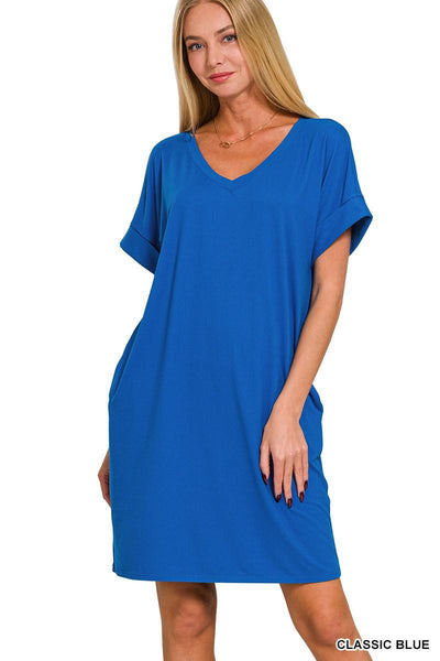 Rolled Sleeve V Neck Dress