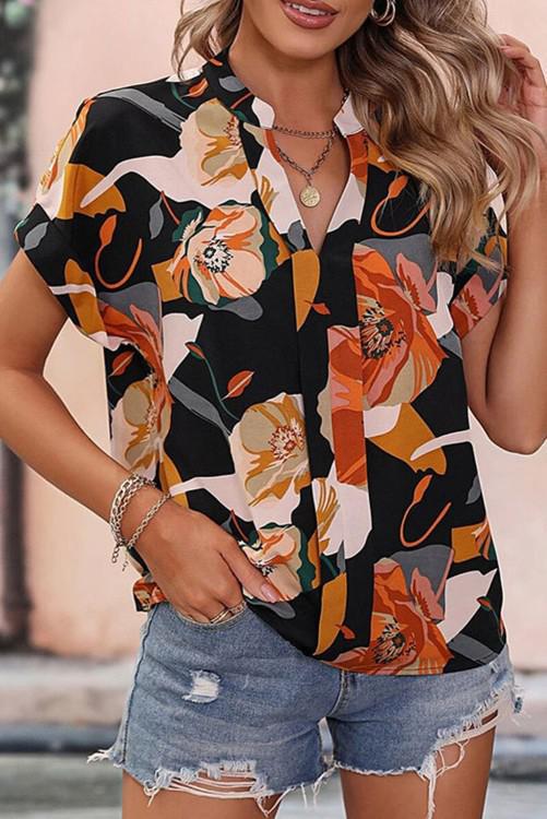 Black Floral V Neck Top