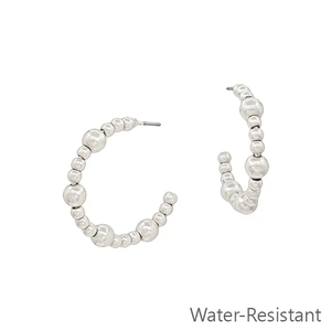 Water Resistant Small Silver Beaded 1" Hoop Earrings