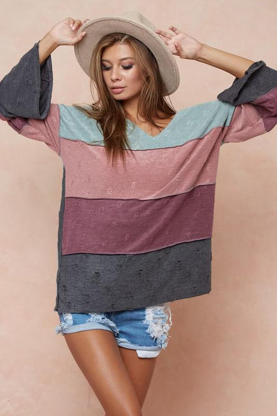 Distressed French Knit Top with Out Stitching
