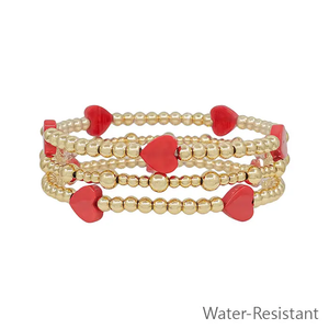 Water Resistant Gold Beads with Red Hearts Set of 3 Stretch Bracelets