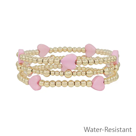 Water Resistant Beaded with Pink Heart Set of 3 Stretch Bracelets