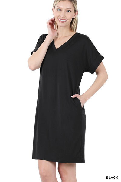 Rolled Sleeve V Neck Dress