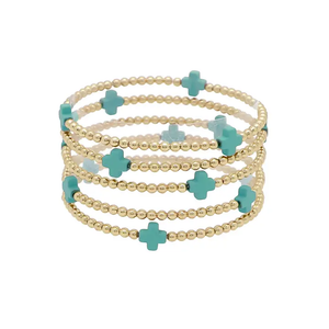 GOld Beaded Bracelets with Turquoise Cross Set of 5