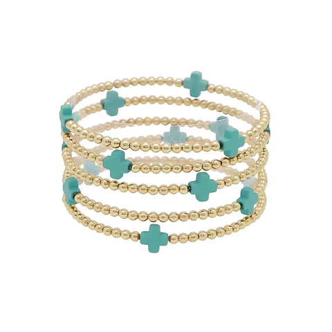 GOld Beaded Bracelets with Turquoise Cross Set of 5