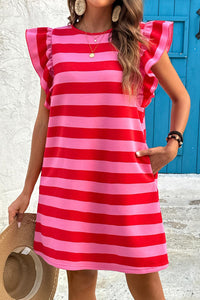 Red Stripe Flutter Sleeve Dress