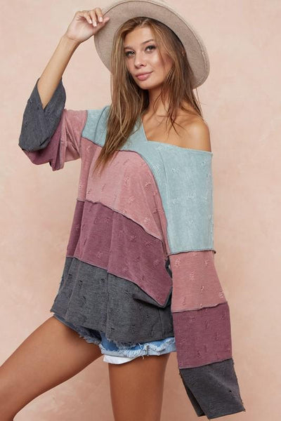 Distressed French Knit Top with Out Stitching