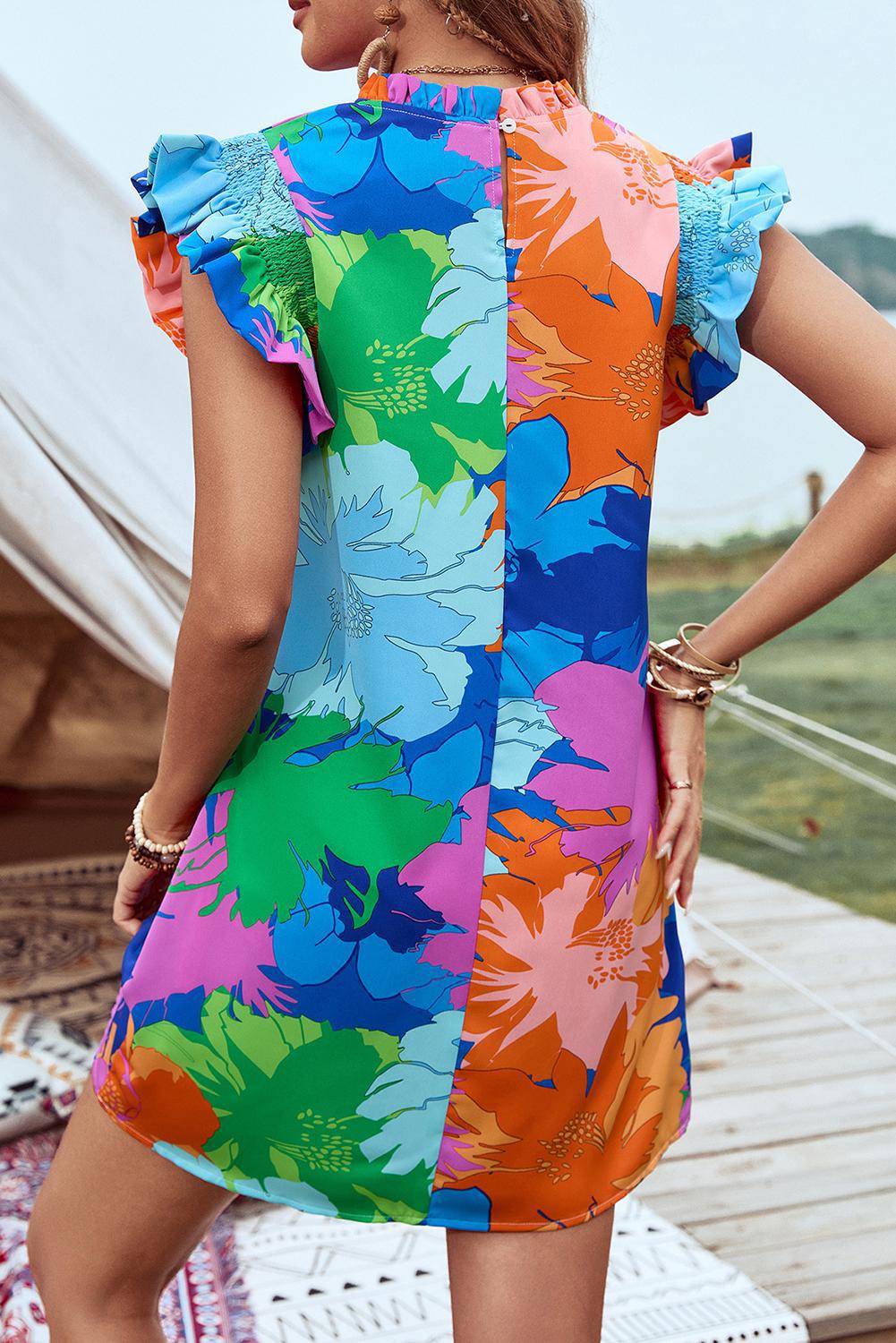 Bright Floral Flutter Sleeve Dress