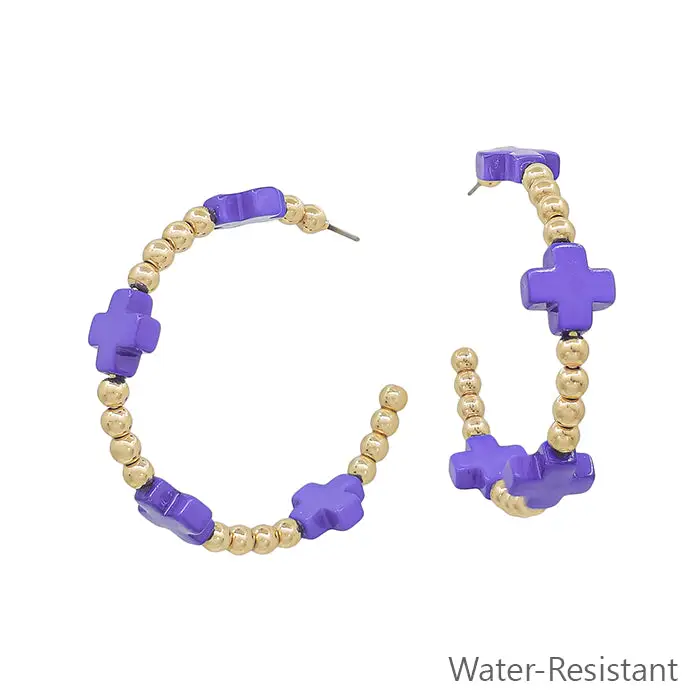 Water Resistant Gold Beaded and Purple Cross 2" earrings