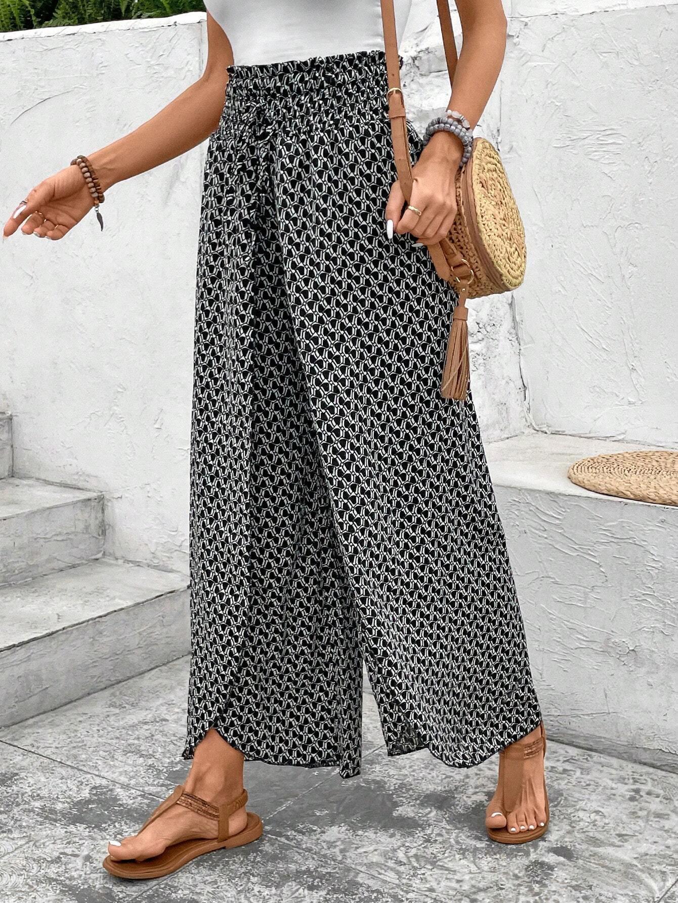 Bohemian Print Slit Wide Leg Pants