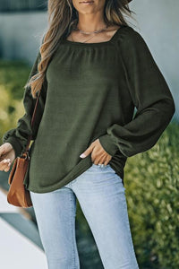 Green Scoop Puff Sleeve Waffle Knit Top