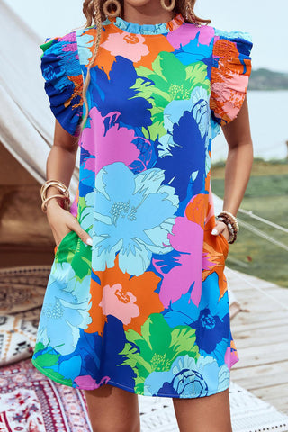 Bright Floral Flutter Sleeve Dress
