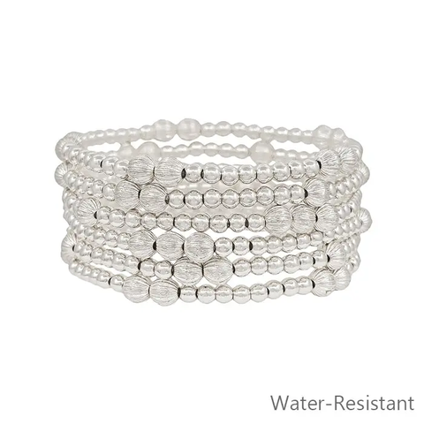 Set of 6 SIlver Water Resistant Beaded Textured Stretch Bracelets