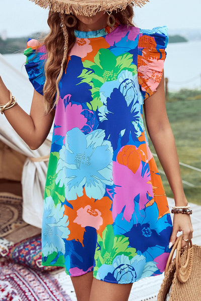 Bright Floral Flutter Sleeve Dress