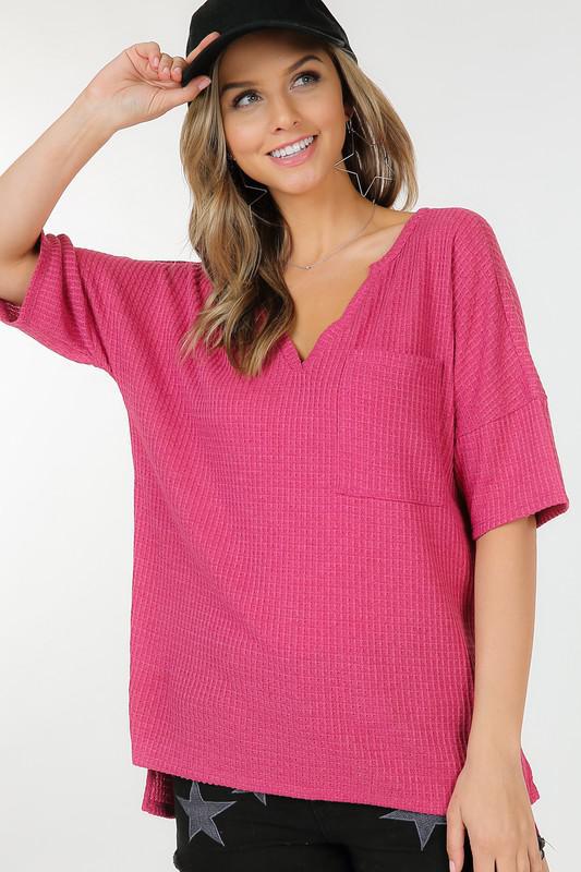 V Neck Waffle Top with Pocket