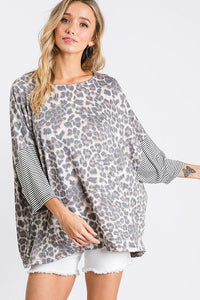 Leopard Print and Stripe Mix Drop Shoulder Top