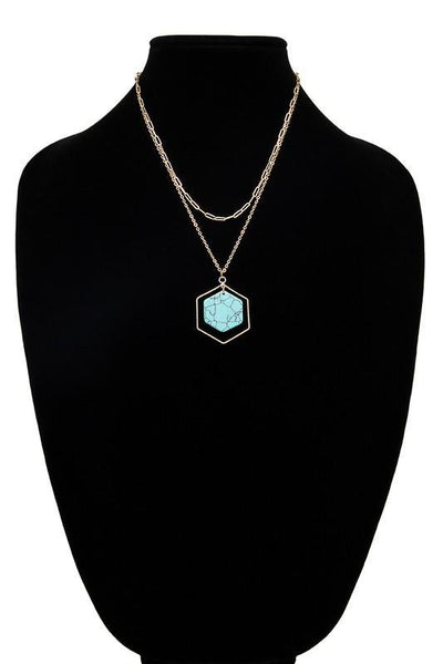 Layered Hexagon Stone Pendant Necklace