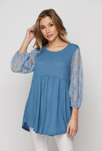 Waffle Top with Lace Puffy Sleeves