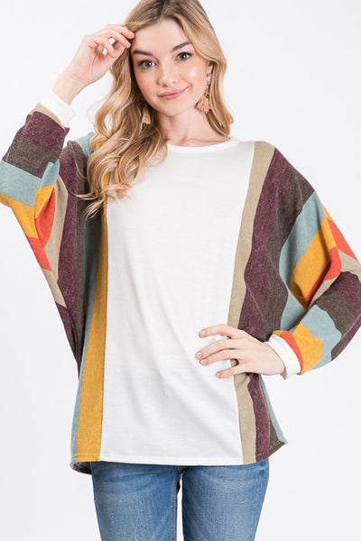 Long Sleeve Dolman Style Top with Striped Sleeves