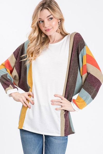 Long Sleeve Dolman Style Top with Striped Sleeves