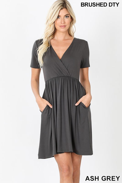 Short Sleeve Surplice Dress with Elastic Waist