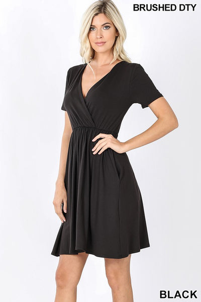 Short Sleeve Surplice Dress with Elastic Waist