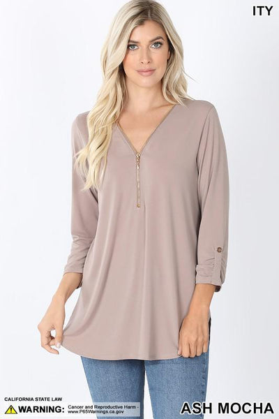 Front Zip 3/4 Sleeve Top