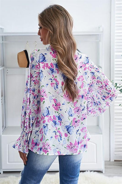 Floral Smocked Blouse with Tie Neck