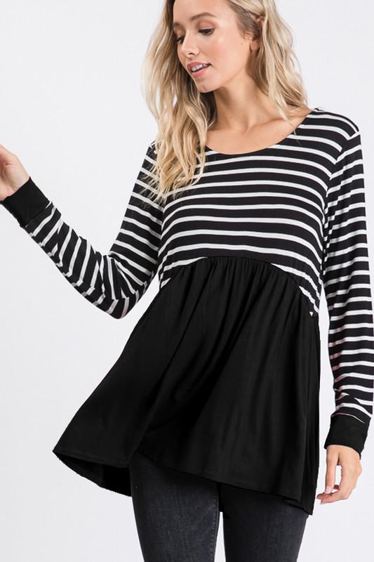 Babydoll Striped Top with Solid Hem