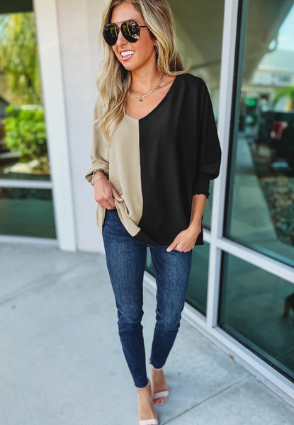 V Neck Cuff Sleeve Blouse