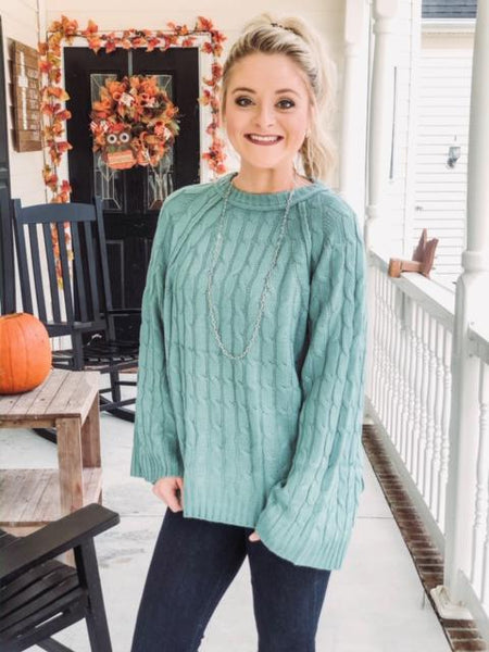 Cable Knit Pullover Sweater with Bell Sleeves