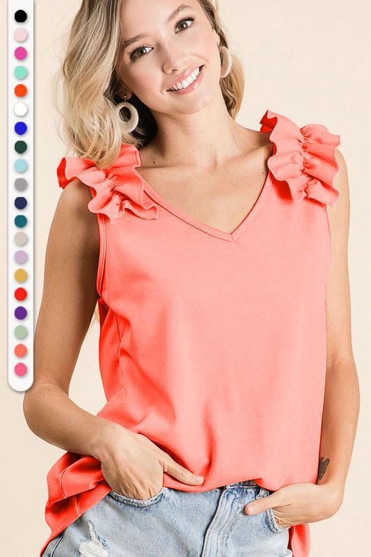Neon Coral V Neck Top with Ruffle Shoulder Applique