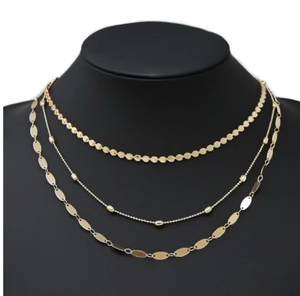 Oval Disc Linked Triple Layered Short Necklace