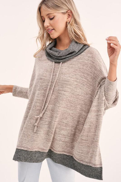 Long Sleeve Cowl Neck with Contrast Hem