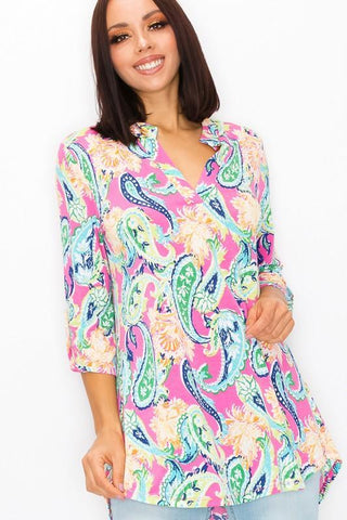 Pink Paisley Banded Collar Top