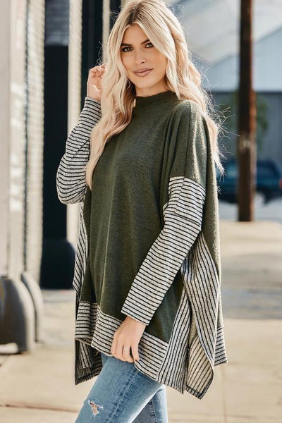 Poncho with Striped Contrast Hem