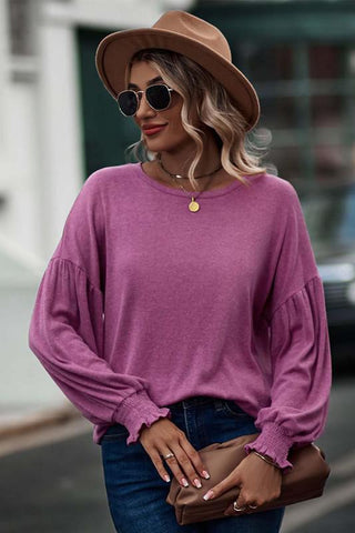 Shirred Round Neck Casual Blouse