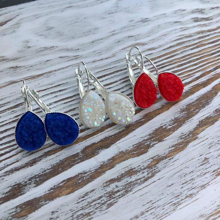 Red/Silver, White/Silver or Blue/Silver Dangle Druzy Earrings