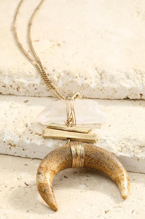 Natural Stone Crescent Horn and Metal Accent Pendant Necklace