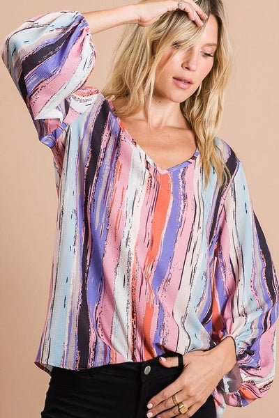 Bubble Sleeve Distressed Stripe Top