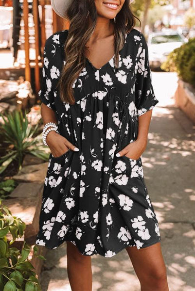 V Neck Floral Baby Doll Dress